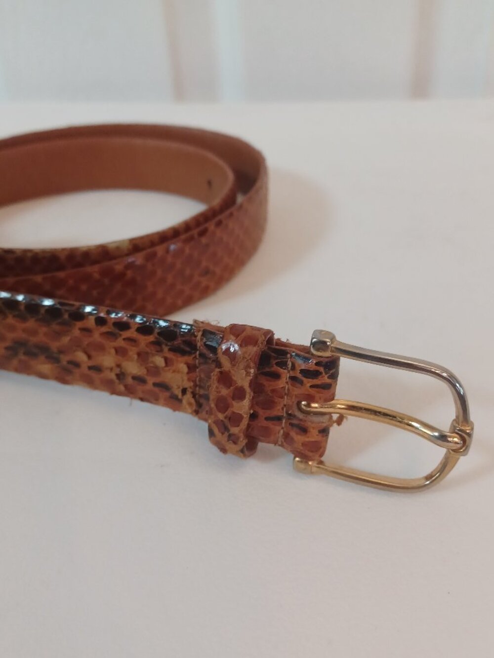 Vintage Genuine Cobra Skin Belt 36 Brown Exotic Leather Lined Gold Buckle